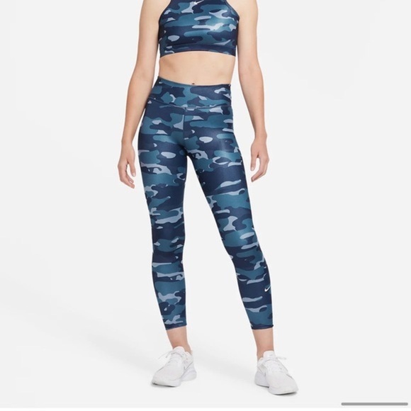 Nike One Mid Rise Blue Camo Leggings Running Workout - Picture 3 of 16